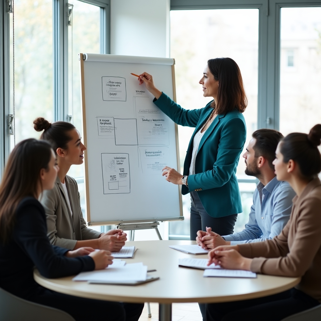 Facilitatore che presenta strumenti pratici di pianificazione a un gruppo di genitori